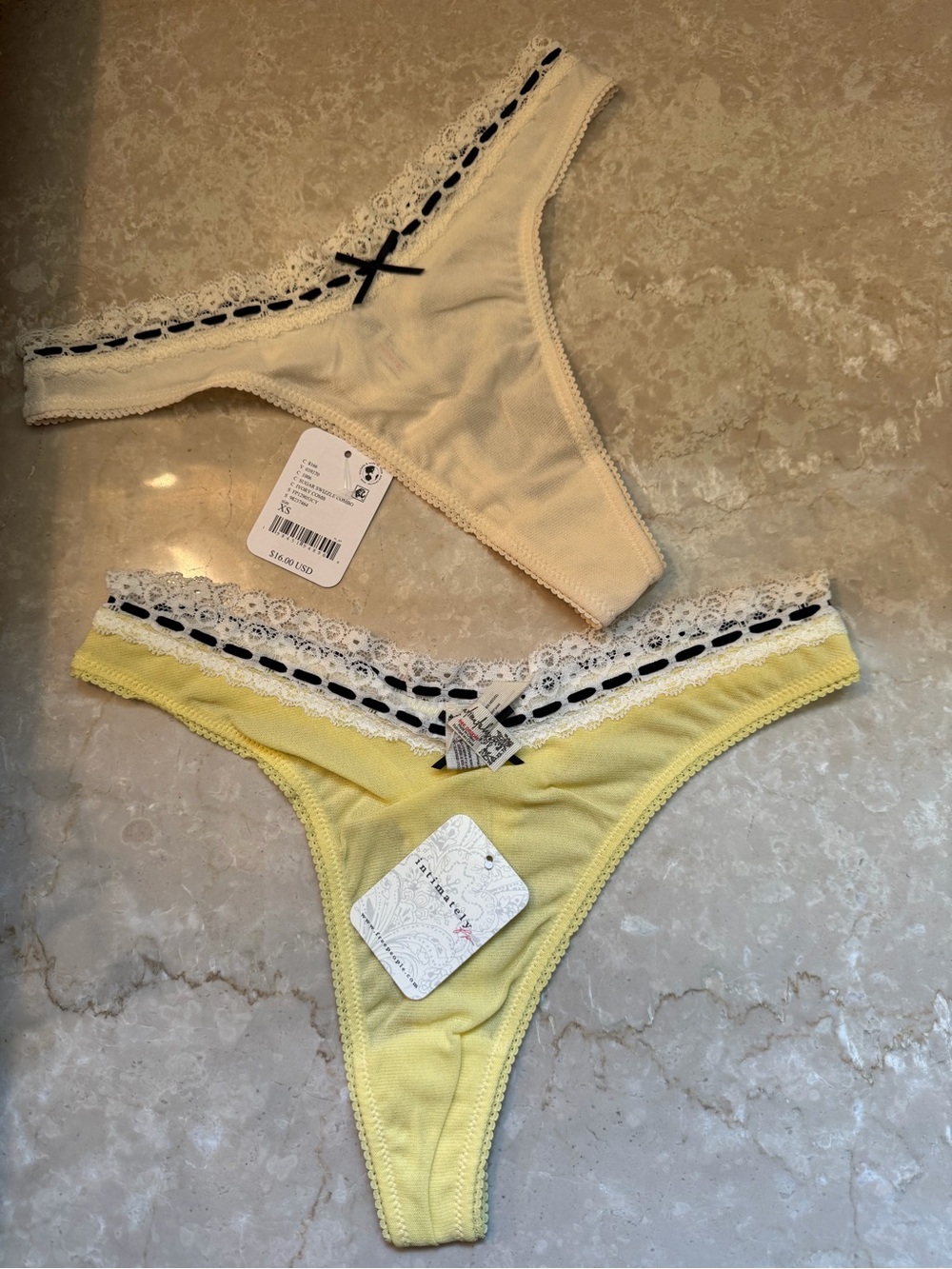 Free People Lace-Trim Cotton Thong Panties - Cream & Yellow